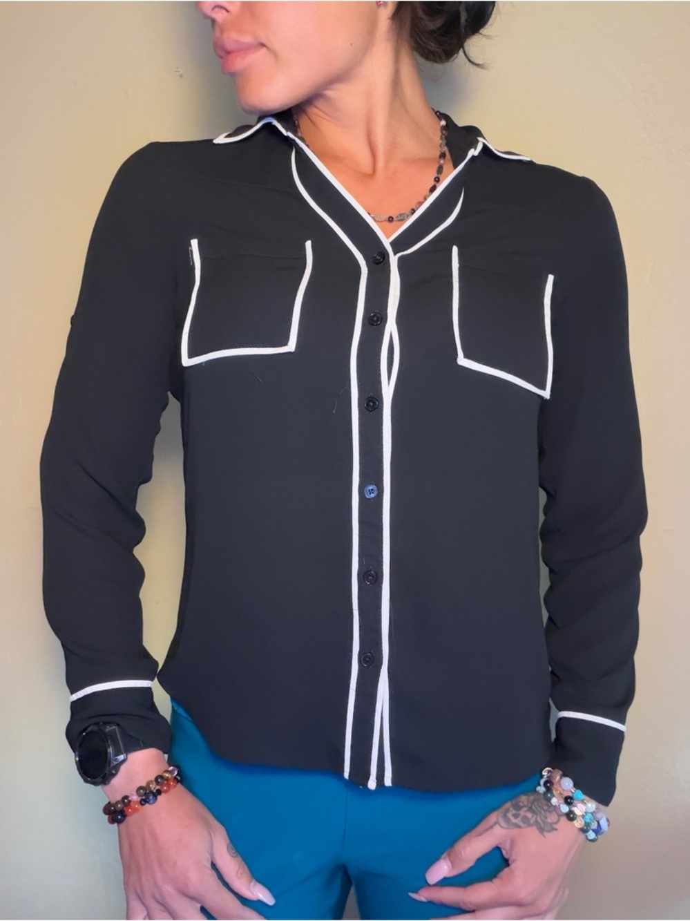 Express The Portofino Shirt Black Blouse with White Contrast Piping
